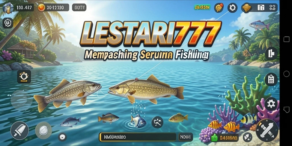 Tangkapan layar gameplay LESTARI777 menunjukkan aksi memancing yang seru di lokasi indah.