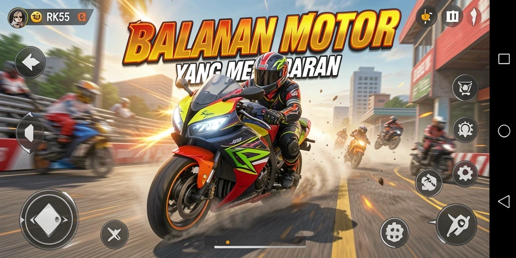 Screenshot RK55 yang menunjukkan aksi balapan motor yang seru.