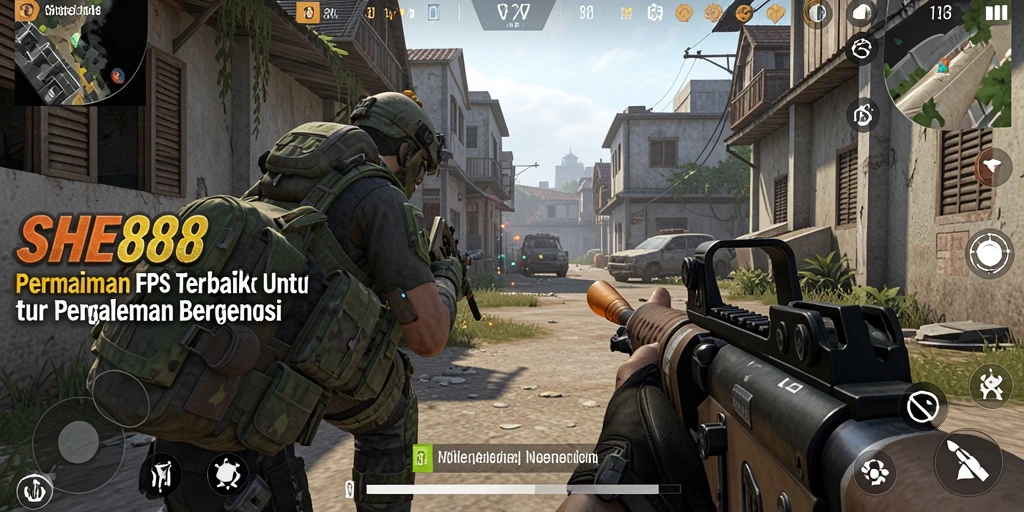 Screenshot SHE888 menampilkan aksi menembak dalam pertempuran FPS.