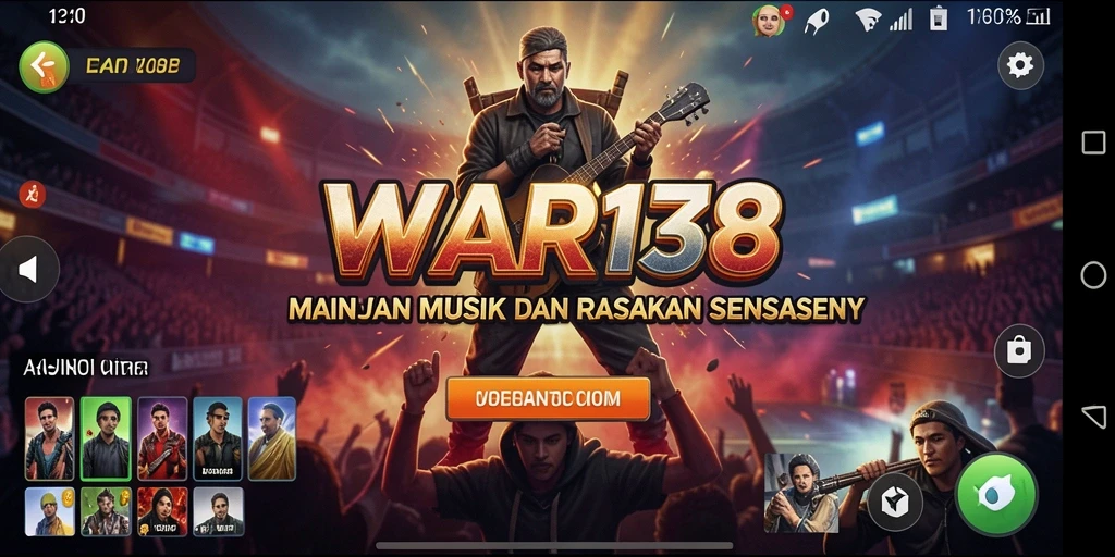 Screenshot menunjukkan gameplay interaktif dalam WAR138 dengan musik yang mengalun.