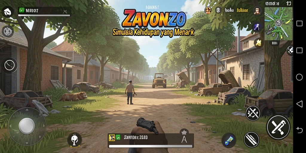 Screenshot gameplay ZAVONZO menampilkan aktivitas karakter dalam simulasi kehidupan.